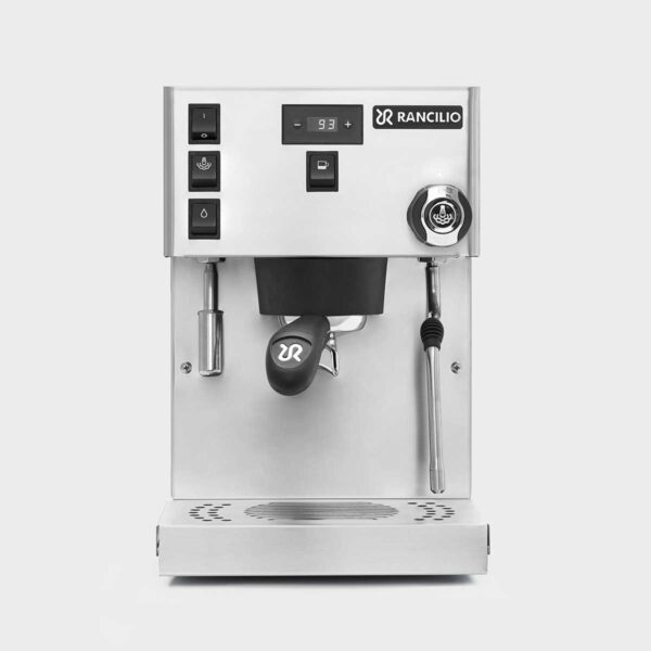 Máquina de espresso Rancilio Silvia Pro X en acero inoxidable, vista de frente, con el portafiltros puesto