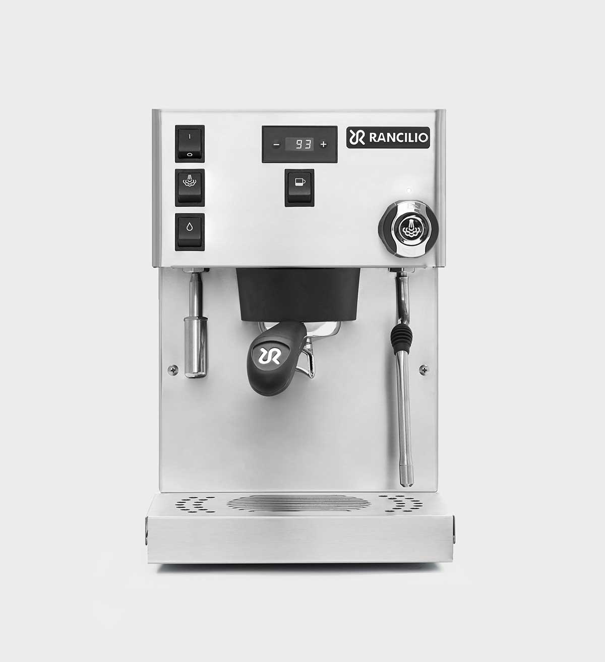 Máquina de espresso Rancilio Silvia Pro X en acero inoxidable, vista de frente, con el portafiltros puesto