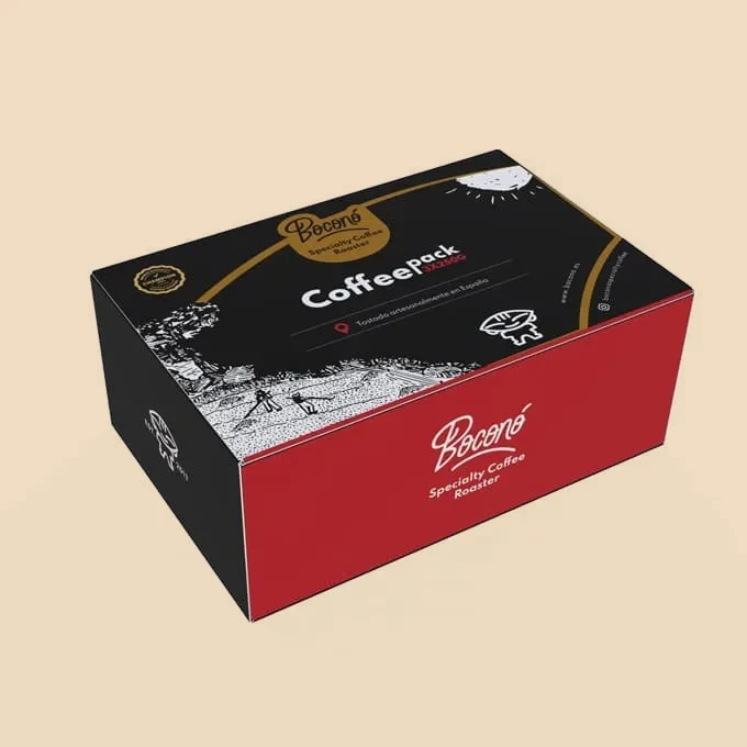Caja de regalo Coffee Lovers de Boconó, en negro y rojo, con el sello del tostador en la tapa.