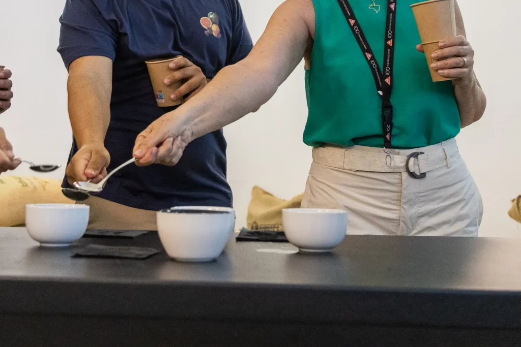 Tres catadores acercan sus cucharas de cata a las tazas de café sobre una mesa negra, en el tostadero de Boconó