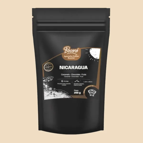 Bolsa negra de 250 g de Boconó con la etiqueta de Nicaragua, de Jinotega, entre 1.100 y 1.450 metros, lavado, y sus notas de cata: caramelo, chocolate y fruta.