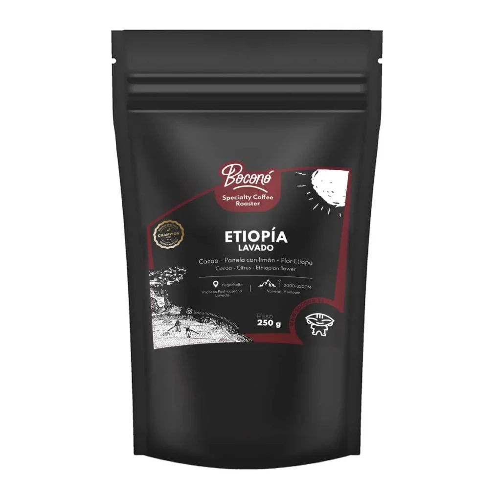 Bolsa de 250 g de café de Etiopía lavado de Boconó, con notas de cacao, panela con limón y flor etíope en la etiqueta