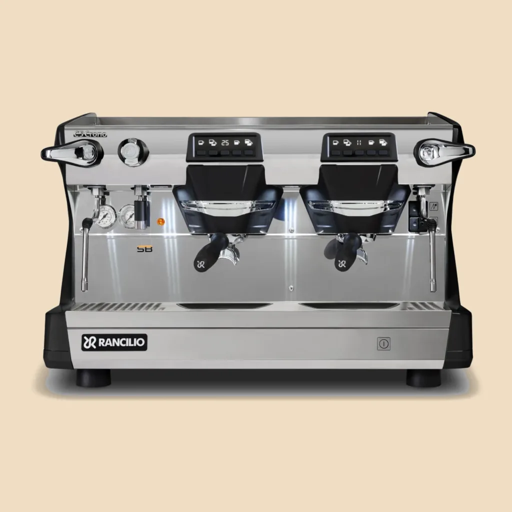 Máquina de espresso Rancilio Classe 5 Crono de dos grupos, en negro, vista de frente
