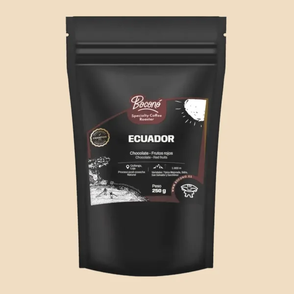 Bolsa negra de 250 g de Boconó con la etiqueta de Ecuador natural, de la Finca El Halo en Quilanga (Loja), y sus notas de cata: chocolate y frutos rojos.