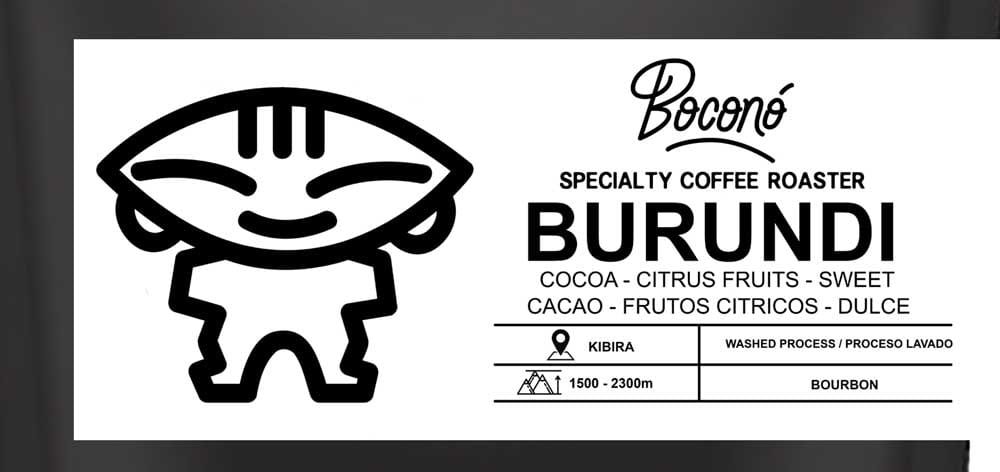Etiqueta de una bolsa de café de especialidad de Burundi con origen, variedad, proceso, altitud y notas de cata
