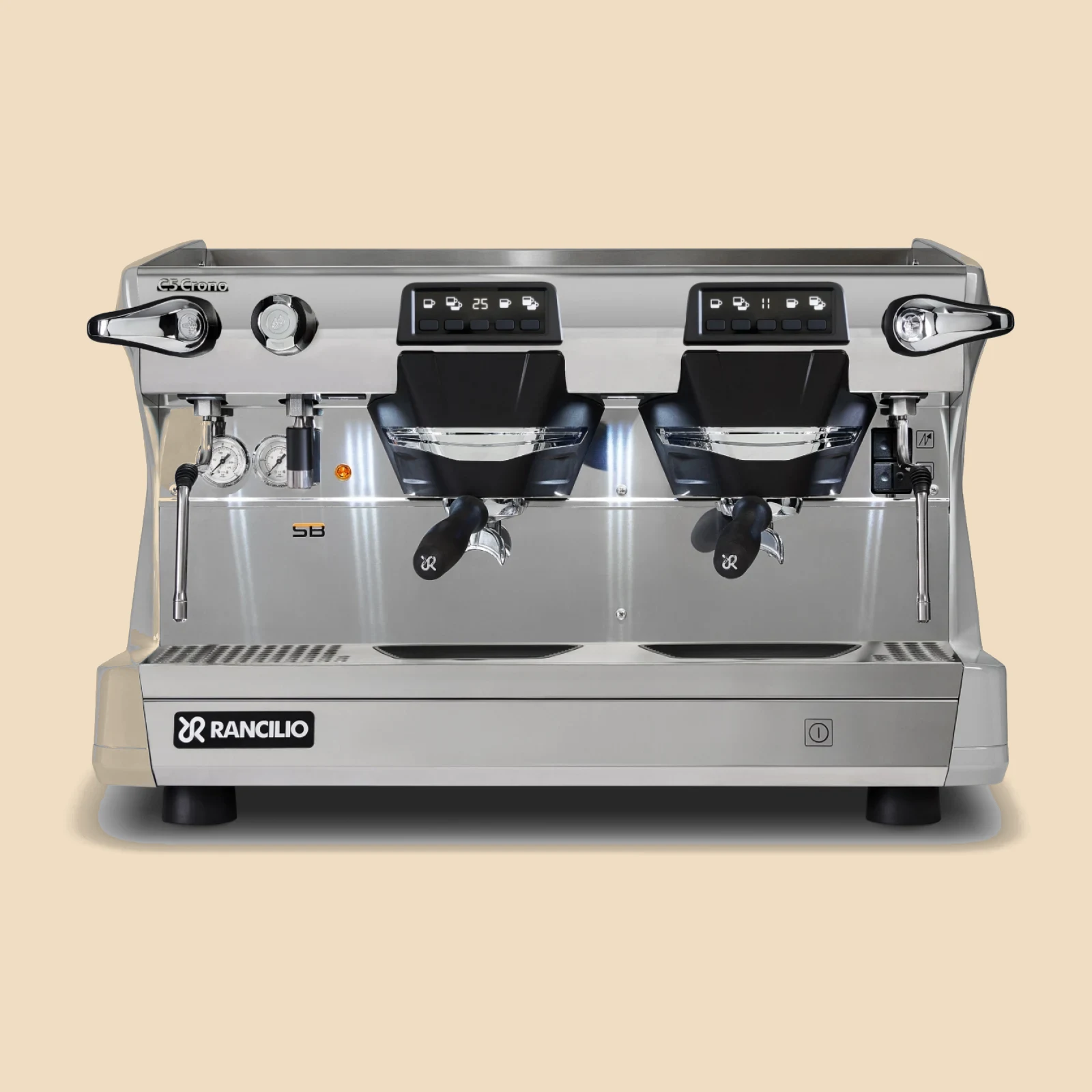 La Rancilio Classe 5 Crono de dos grupos en gris, vista de frente