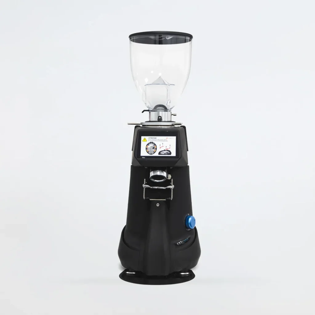 Molino de café profesional de muelas planas, con tolva transparente, pantalla táctil y horquilla para el portafiltro