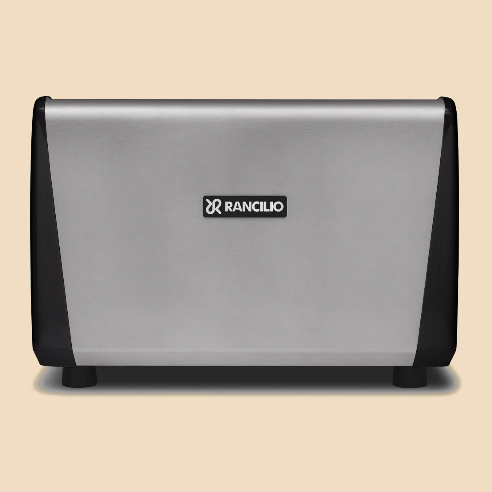 Parte trasera de la Rancilio Classe 5 Crono de dos grupos: el panel de acero con el logotipo de Rancilio entre los laterales negros