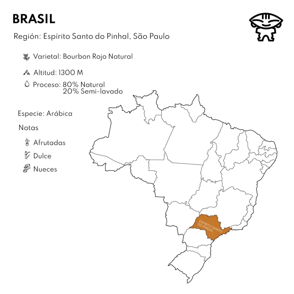 Lámina del lote de Brasil: el mapa del país con Espírito Santo do Pinhal señalado y los datos del lote: variedad Bourbon rojo, 1.300 metros, proceso 80 % natural y 20 % semilavado, con notas afrutadas, dulces y de nueces