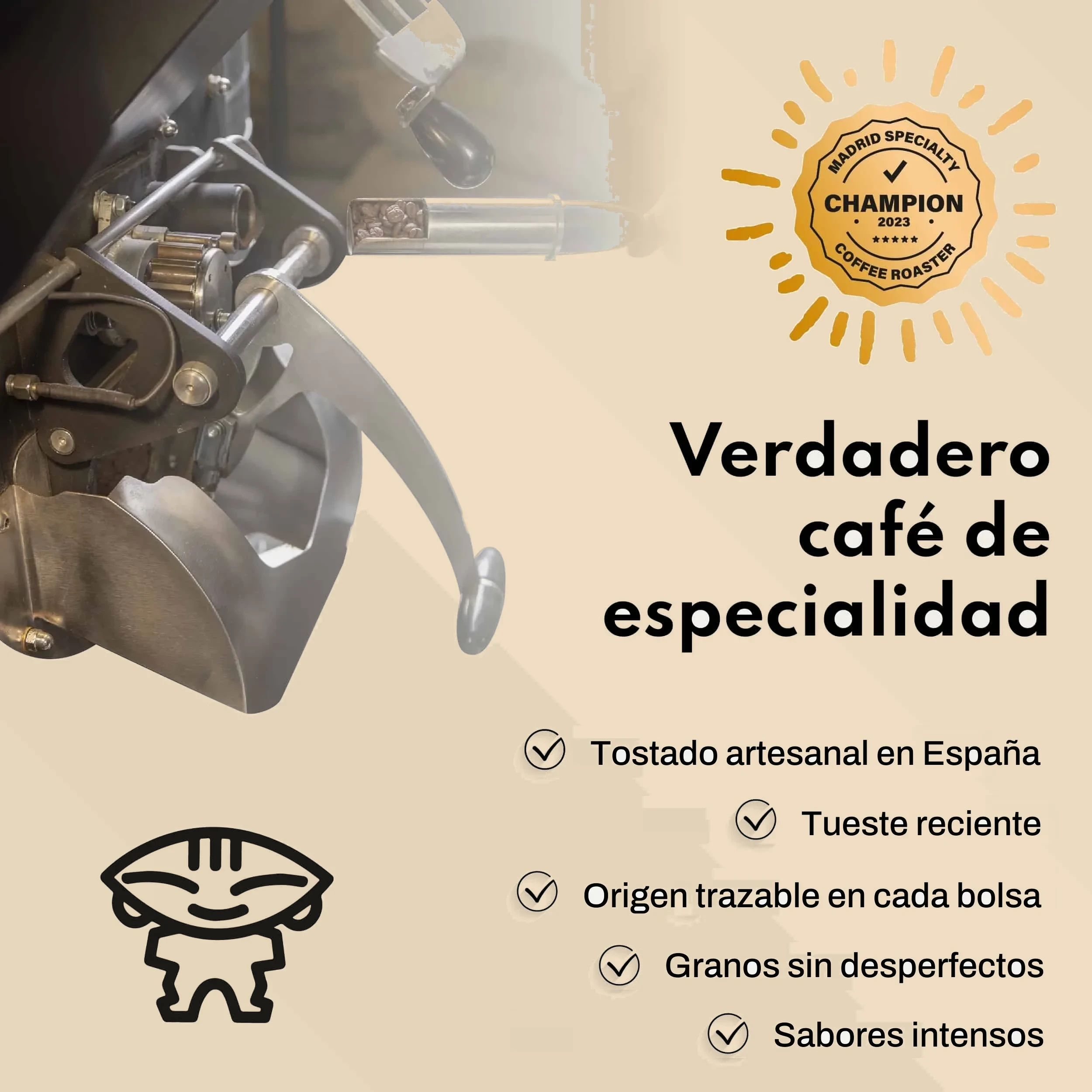 Lámina de Boconó sobre el Café de Kenia AA lavado: la tostadora en marcha, el sello de campeón de tueste de Madrid 2023 y cinco rasgos del café: tostado artesanal en España, tueste reciente, origen trazable en cada bolsa, granos sin desperfectos y sabores intensos